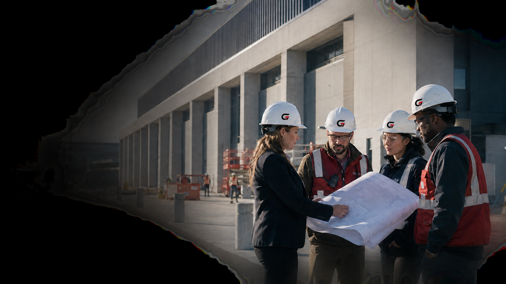 G Adams construction quality team reviewing project plans at a federal facility