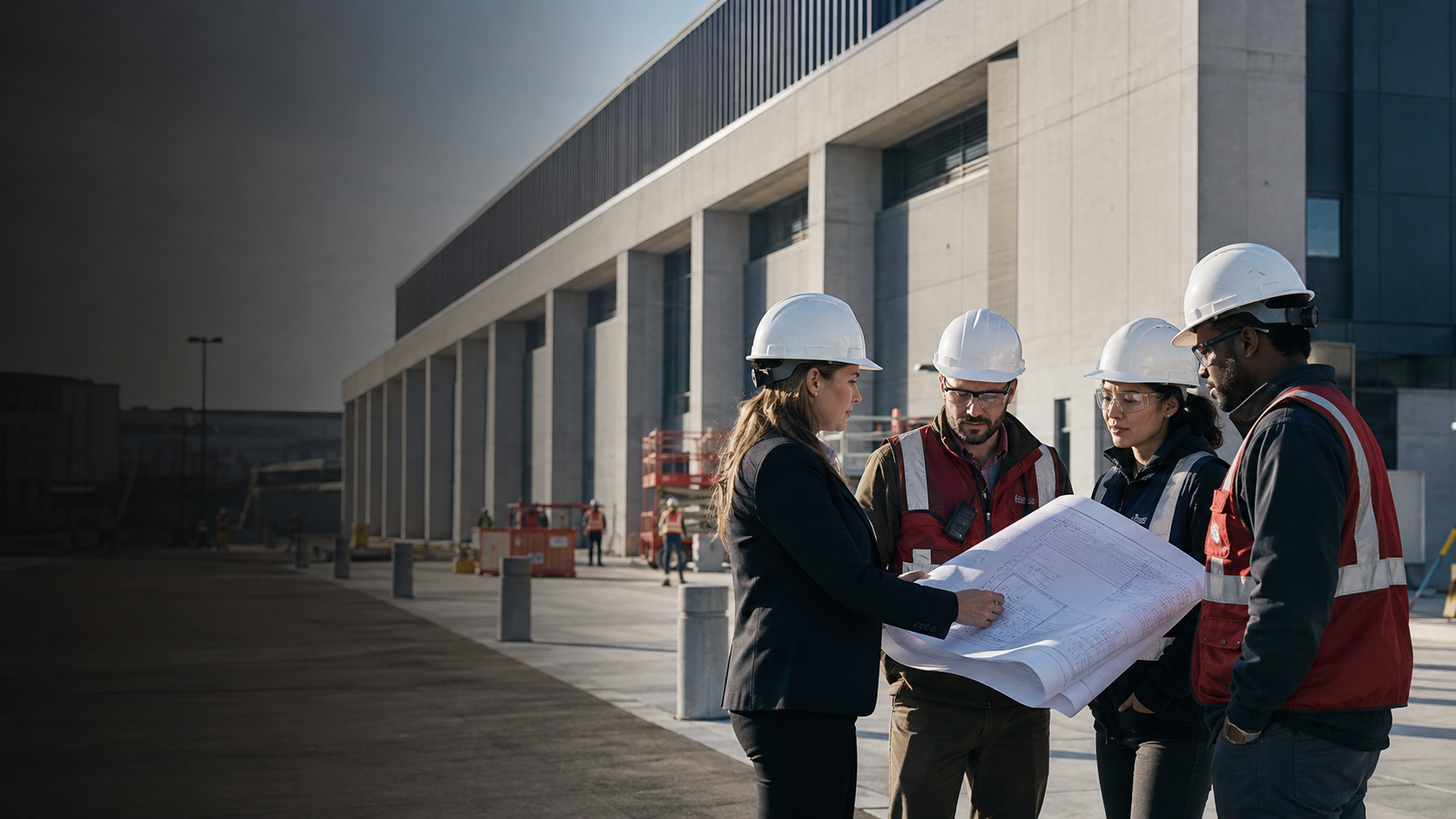 Construction quality team reviewing project plans at a federal facility